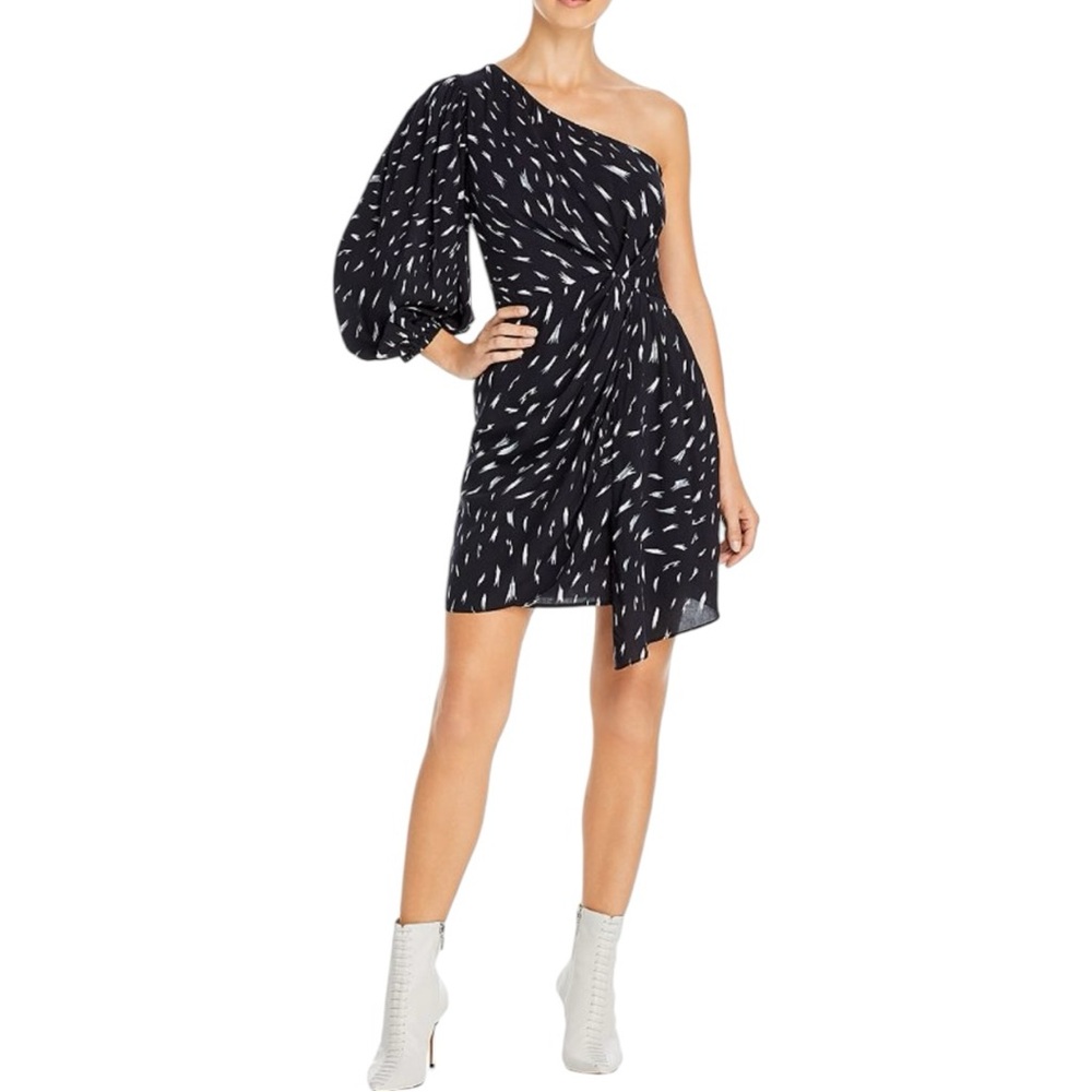 IRO Akubra Dress size FR 36 One Shoulder Mini One 3/4 Sleeve Party Black White